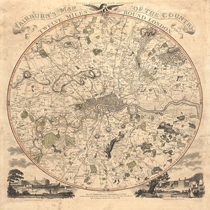 Carte de Londres à moins de 20 kilomètres, 1800. Reproduction de carte murale déco maison avec matériel de restauration vintage