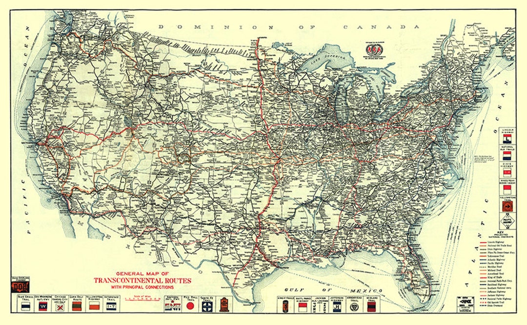 Transcontinental Routes With Principal Connections in United States. Vintage Home Deco Style Old