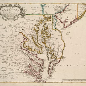 Mappa della Virginia, Maryland e delle parti migliorate di Pennsylvania & New Jersey, 1721. Vintage casa Deco stile vecchia parete riproduzione mappa stampa