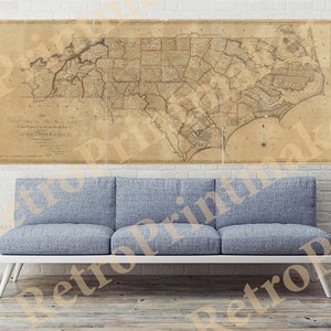 Map of North Carolina NC, 1808.  Restoration Hardware Home Deco Style Old Wall Map. Vintage Reproduction
