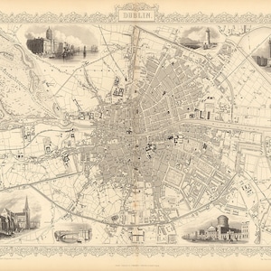 Carte de la ville de Dublin, Irlande, 1851. Impression de reproduction de carte murale de style déco maison vintage.