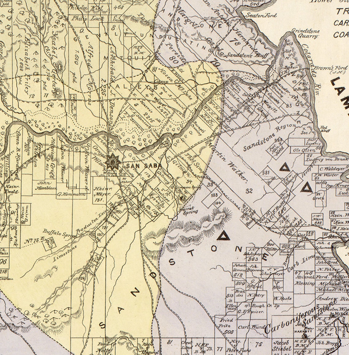 Map of San Saba County Texas TX 1876. Vintage Etsy