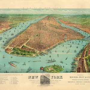 Karte von New York: eine Vogelperspektive zeigt Manhattan Island in seiner Umgebung und Rogers, Peet & Co. Gebäude 1872 NY0038