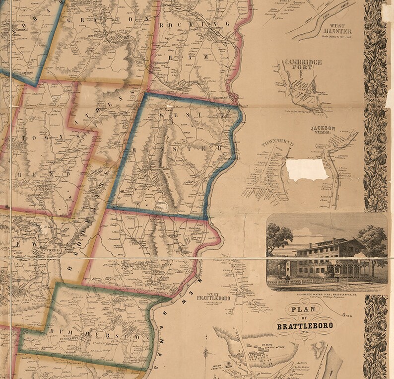Map of Windham County Vermont VT 1856. Vintage restoration Etsy