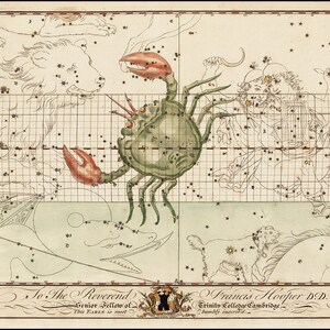Carte du Cancer. Signe de constellation d'étoiles du zodiaque. Home Déco Style Vieux mur vintage Reproduction.