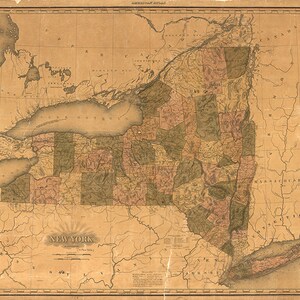 Mappa dello Stato di New York, 1823. Riproduzione di una vecchia mappa da parete in stile Deco, realizzata con ferramenta di restauro d'epoca.