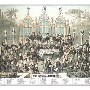 53 musical personalities group portrait  on concert stage: composers, conductors, instrumentalists, and vocalists.  Reproduction Poster.