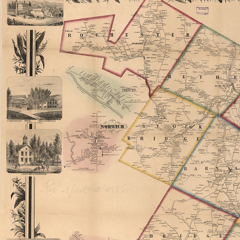 Map of Windsor County Vermont VT 1856. Vintage restoration Etsy
