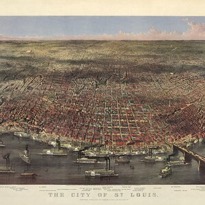 Vogelperspektive auf St. Louis, Missouri, von oben über dem Mississippi River. 1874 Karte. Currier & Ives. Reproduktion Vintage Karte Druck.