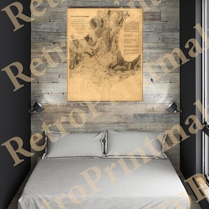 May include: A vintage map of New Haven Harbor, Connecticut, printed on aged paper, framed and hanging on a wood wall in a bedroom setting.