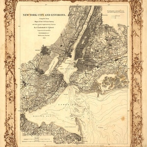 Manhattan, New York City environs and coast survey 1860. Reproduction Vintage Map. Varies sizes. Brooklyn, Queens, New Jersey Staten Island image 1