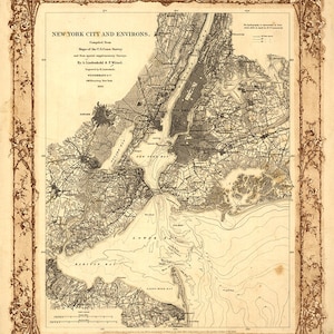 Manhattan, New York City environs and coast survey 1860. Riproduzione di mappa d'epoca. Dimensioni variabili. Brooklyn, Queens, New Jersey Staten Island