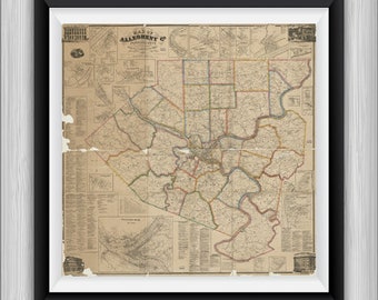 Map of Allegheny County, Pennsylvania: 1862.  Vintage home Décor reproduction map.