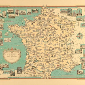 Bildkarte von Frankreich.  Vintage-Restaurierung Hardware-home Deco-Stil alte Wand Reproduktion Karte Drucken.