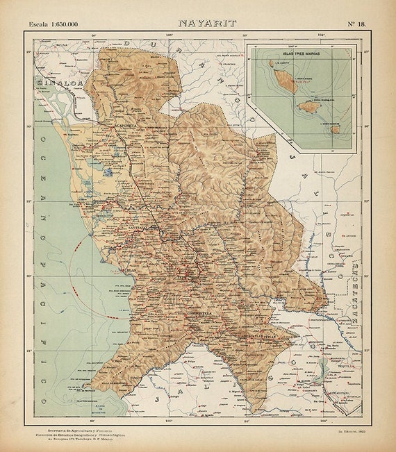 Mapa De Nayarit Mexico Map Of Nayarit Mexico 1908. Vintage Restoration Hardware | Etsy Ireland