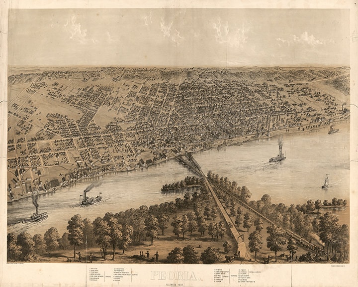 Map of Peoria, Illinois, IL.  1867.  Vintage restoration hardware home Deco Style old wall reproduction map print.