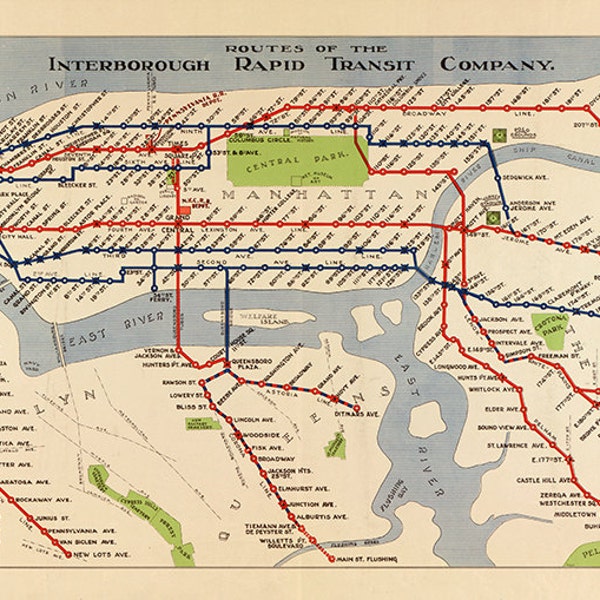 Routes of the Interborough Rapid Transit Company, Manhattan, New York city subway system 1924. Vintage reproduction map.