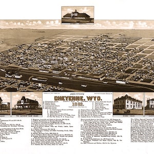 Cheyenne, comté de Laramie, Wyoming Wy.  Quincaillerie de restauration vintage, impression de carte, reproduction d'un vieux mur de style déco pour la maison.
