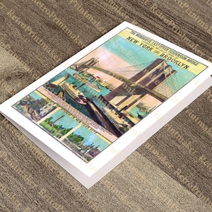 Tarjeta de felicitación del puente colgante de Brooklyn desde los muelles del lado de Brooklyn, 1873.