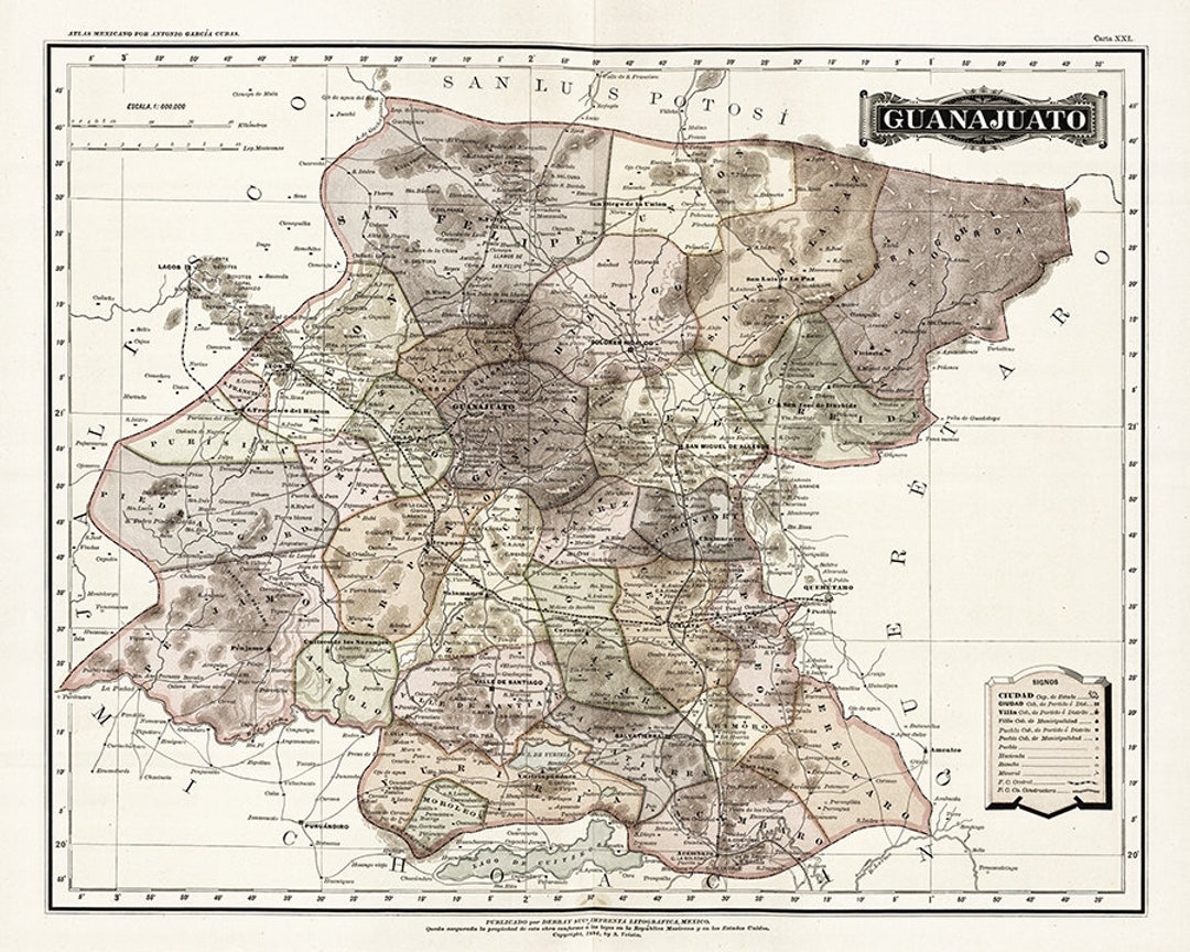 Map of Guanajuato, Mexico, 1886. Vintage Restoration