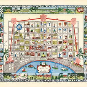 Mapa do French Quarter (Vieux Carré / Barrio Francés) em Nova Orleans, Louisiana. Impressão de mapa de reprodução de parede antiga estilo Deco em casa vintage.