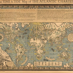 Map of The "Time and Tide" Map of the Atlantic Charter 1942.  Vintage home Deco Style old wall reproduction map print.