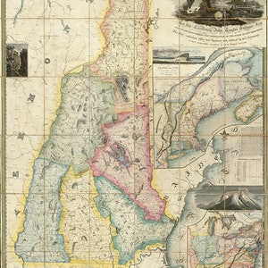 Mapa de New Hampshire. 1816. Impresión de mapa de reproducción de pared antigua de estilo Deco de hogar restaurado con hardware vintage.