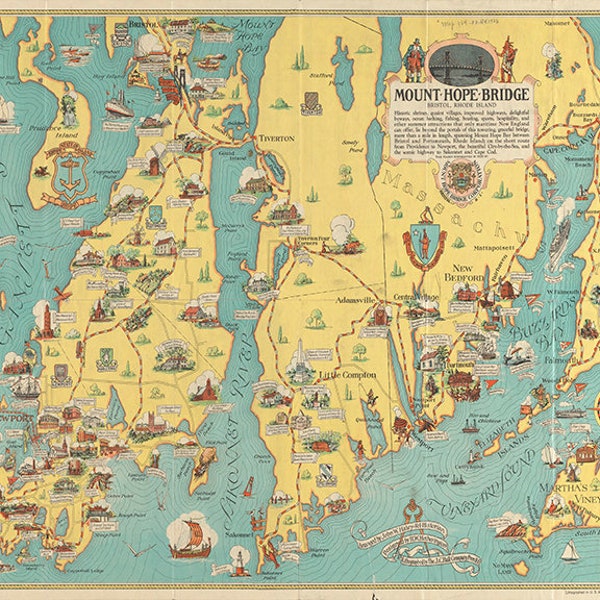 Map of Mount Hope Bridge, Bristol, Rhode Island R.I. Vintage Reproduction Bird's Eye View Map Print.