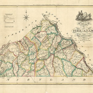 Carte des comtés de York et d'Adams, Pennsylvanie, PA 1821. Matériel de restauration vintage pour maison, impression de reproduction de carte murale ancienne de style déco