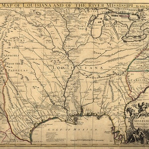 Map of Louisiana and Mississipi river Mississipi, 1721.  Vintage restoration hardware home Deco Style old wall reproduction map print.