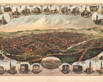 York, White Rose City, Pennsylvania PA 1879 von Kern, A. Hoen & Co.   Reproduktion Vintage Vogelauge Ansicht Karte Drucken PA0054