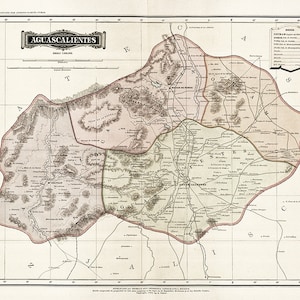 Karte von Aguascalientes, Mexiko, 1886.  Vintage Home Deco Stil alte Wand Reproduktion Karte Druck.