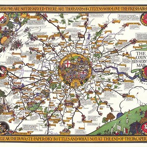 Mapa de servicios de autobús rural de Londres. Impresión de mapa antiguo de pared, estilo art déco, restaurado por herrajes antiguos.