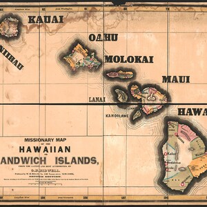 Missionary Map of Hawaiian or Sandwich Islands. 1846.   Home Deco Style Old Wall Vintage Reproduction.