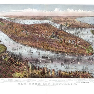 Vista de Manhattan, Nueva York y Brooklyn, 1875. NY. Sin enlace negro central, impresión rota y rasgada. Reproducción de mapa antiguo.