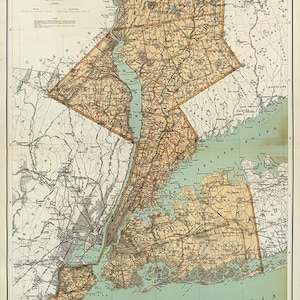 Mapa de los condados de Nueva York, Kings, Queens, Richmond, Rockland, Westchester y Putnam. 1845. Impresión de mapa de reproducción de pared antigua de estilo art déco de casa vintage.