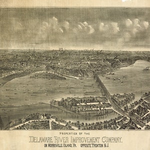 Mapa de Delaware River Improvement Company en Morrisville Island, Pa. frente a Trenton, N.J.  Reproducción Vintage Bird's vista mapa.