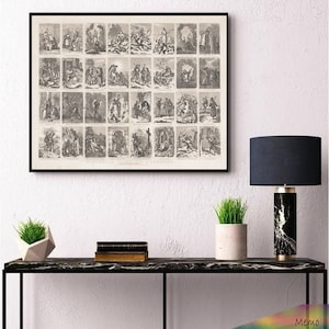 May include: A black framed print of a vintage illustration depicting a series of scenes from a story. The print is hanging on a white wall above a black console table with a black and white marble lamp, two potted plants, and a stack of books.