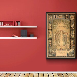 Puede incluir: Un mapa vintage de Mount Vernon, la casa de George Washington, en un marco negro. El mapa muestra la disposición de la finca con varios edificios y características etiquetadas.