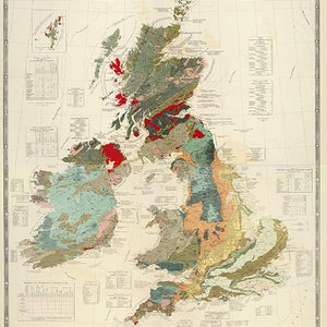 Mapa geológico y paleontológico de las Islas Británicas, Inglaterra, Reino Unido. Mapa mural antiguo de estilo art déco de Restoration Hardware. Reproducción vintage.