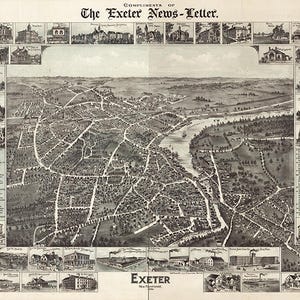 Mappa di Exeter, Contea di Rockingham, New Hampshire NH 1896. Vista a volo d'uccello. Restoration Hardware Home Deco Riproduzione giclée di Old Wall