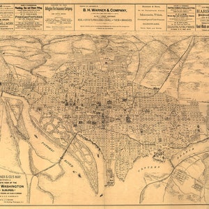 Landkarte Washington DC und Vororte. 1886. Vintage Home Deco Stil Alte Mauer Vintage Reprint.