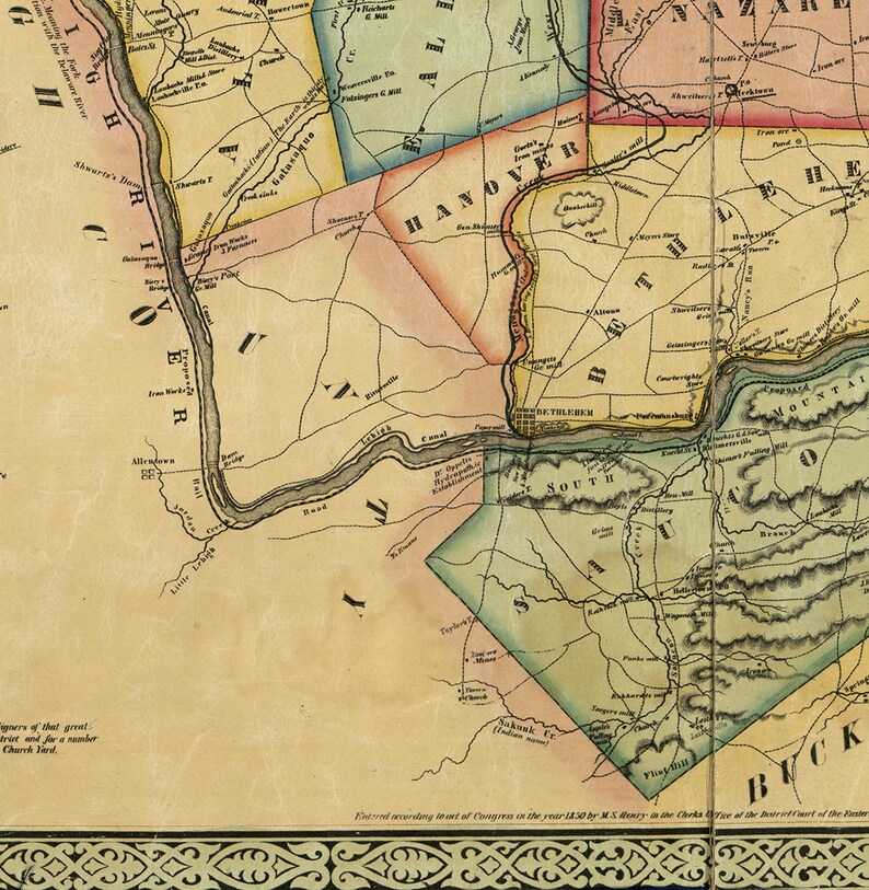 Map of Northampton County. Pennsylvania PA 1851. Restoration Etsy