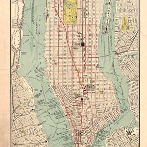 Mapa de Manhattan, Nueva York, 1890. Impresión de mapa de reproducción de pared antigua de estilo Deco para el hogar, restaurada con hardware de época.