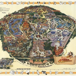 Mapa de Disneyland - Mapa de vista de ojos de pájaros panorámicos de la tierra de Disney. Vintage hogar Deco estilo antiguo pared reproducción mapa impresión.
