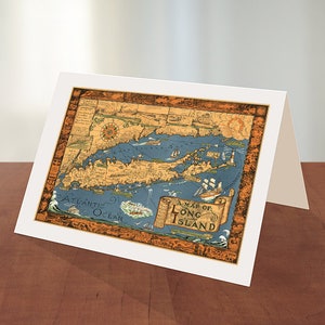 Mappa per biglietti d'auguri di Long Island, mappa storica classica illustrata, 1933. Riproduzione di una vecchia mappa da parete in stile rétro Deco.