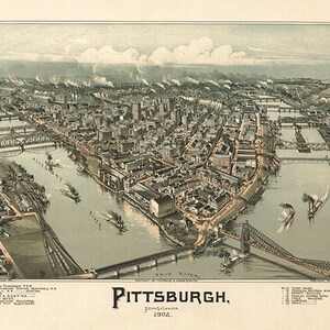 Jahrgang Pittsburgh, Pennsylvania 1902 Druck.  Panoramablick.  Vollständig restauriert! Kein schwarzer Link in der Mitte, gedruckte Rips! Poster-Kunst-Karte.