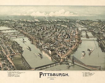 Vintage Pittsburgh, Pennsylvania 1902 Print.  Panoramic view.  Fully Restored! No Black link in the middle, printed rips! Poster Art  Map.