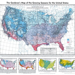 O mapa do jardineiro das estações de cultivo para os Estados Unidos, com base em registros de 1895-1914. Mapa de parede vintage de decoração para casa, reprodução.