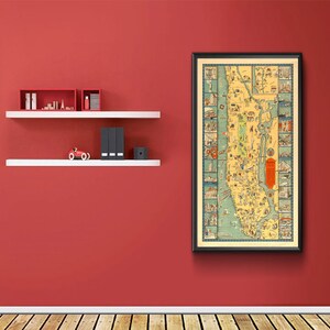 Mappa illustrata di Manhattan: prima città d'America, New York. Riproduzione di mappa da parete in stile Deco vintage.